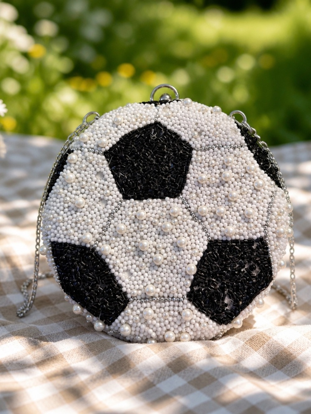 Beaded Soccer Ball Inspired Round Shoulder Bag – Black & White